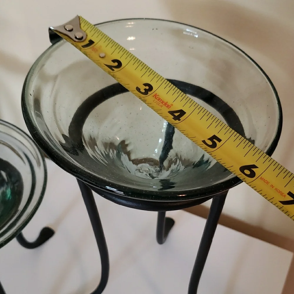 Green-tinted Glass Dishes & Black Metal Stands- Decor/ Candle Holders - Set Of 2